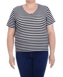 Overweight woman on white background, closeup. Weight loss