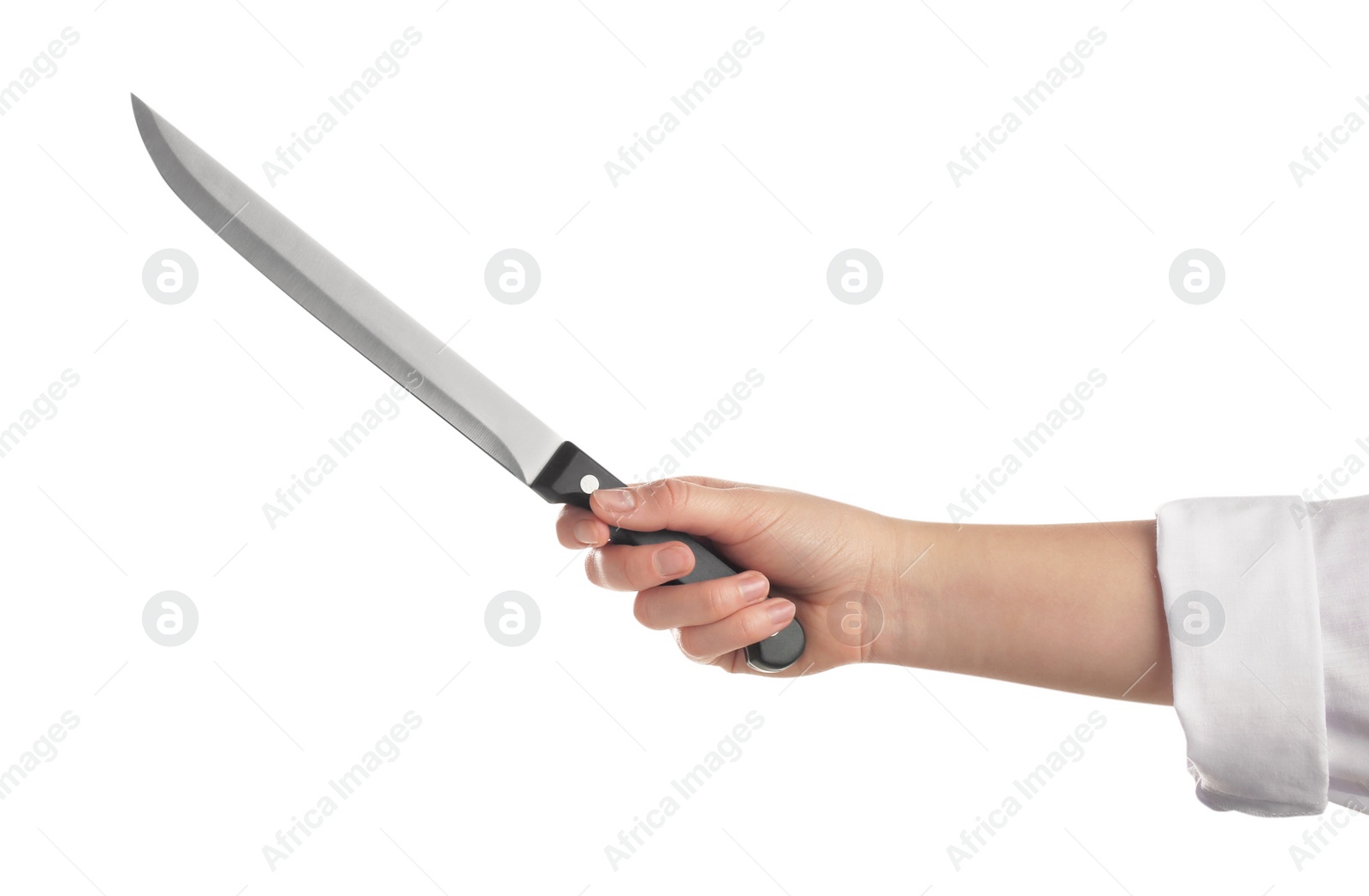 Photo of Woman holding carving knife on white background, closeup