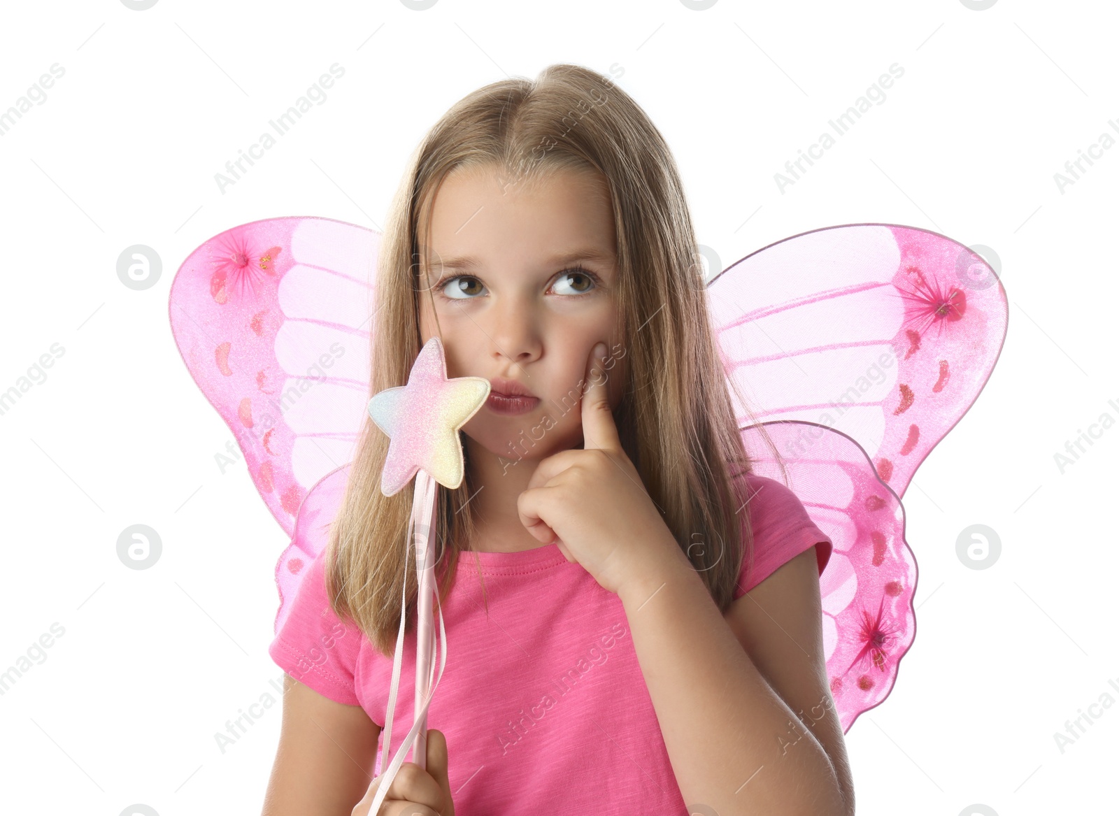 Photo of Cute little girl in fairy costume with pink wings and magic wand on white background