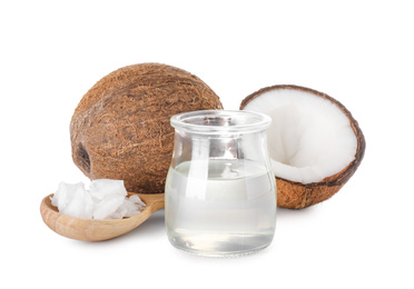 Photo of Composition with coconut and oil on white background