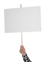 Man holding blank protest sign on white background, closeup