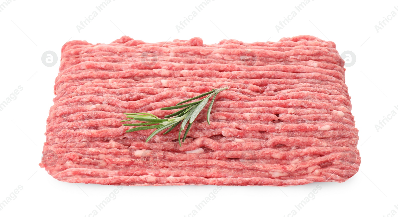 Photo of Raw ground meat and rosemary isolated on white