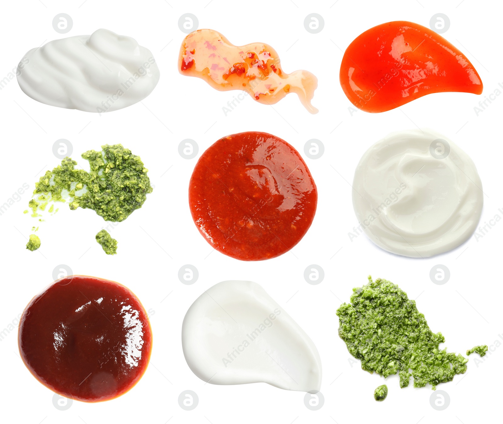 Image of Set with samples of different sauces on white background