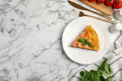 Photo of Piece of delicious pie with minced meat on white marble table, flat lay. Space for text