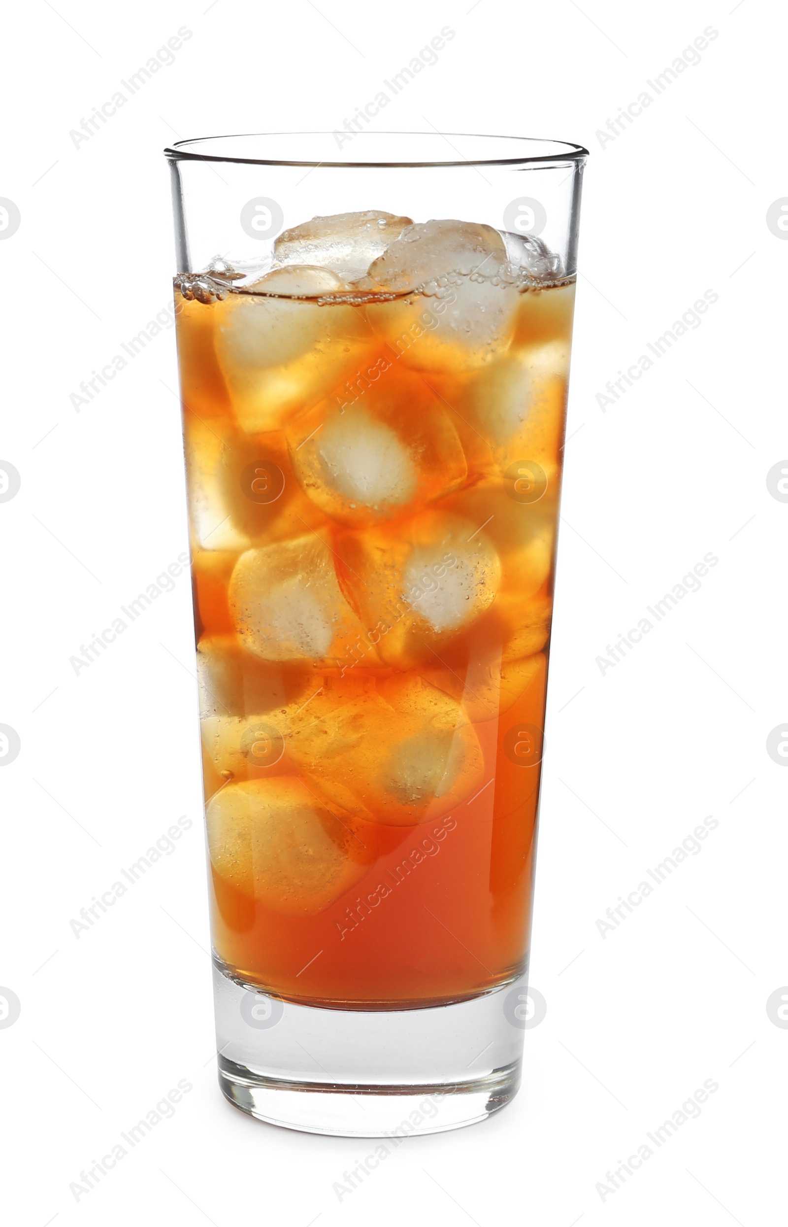 Photo of Glass of tasty iced tea on white background