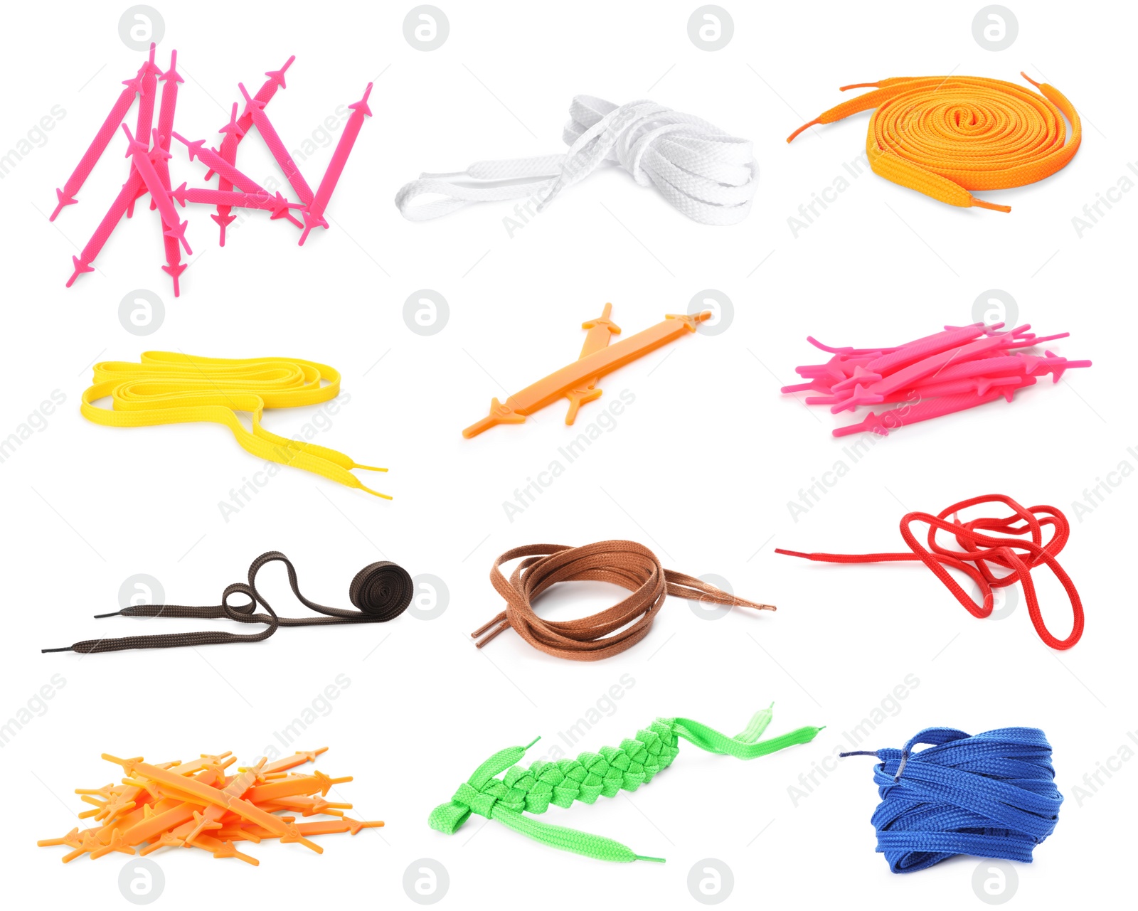 Image of Set with different bright shoe laces on white background