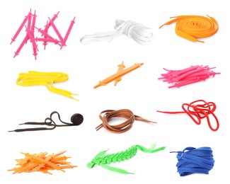 Image of Set with different bright shoe laces on white background