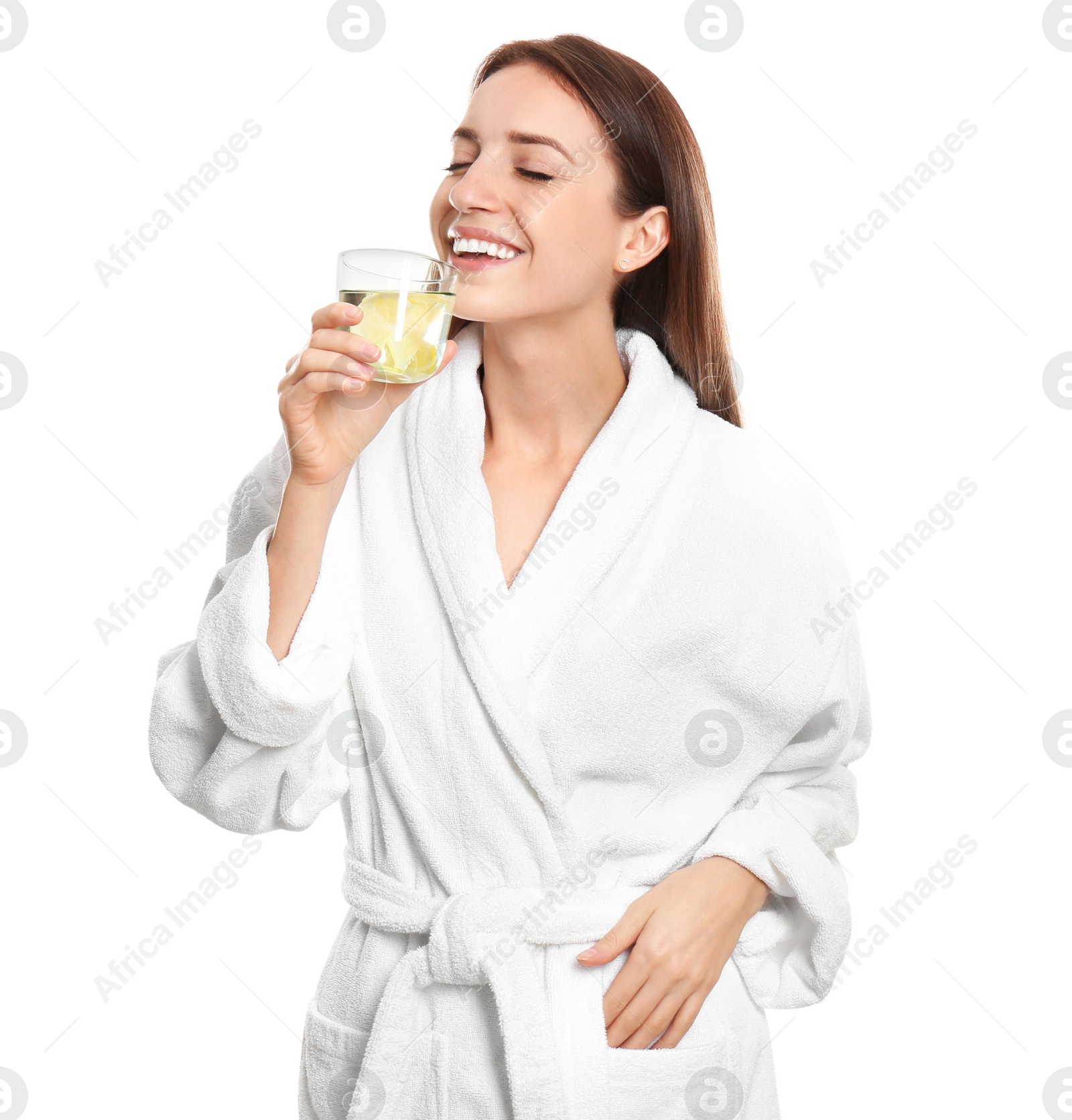 Photo of Young woman drinking lemon water on white background