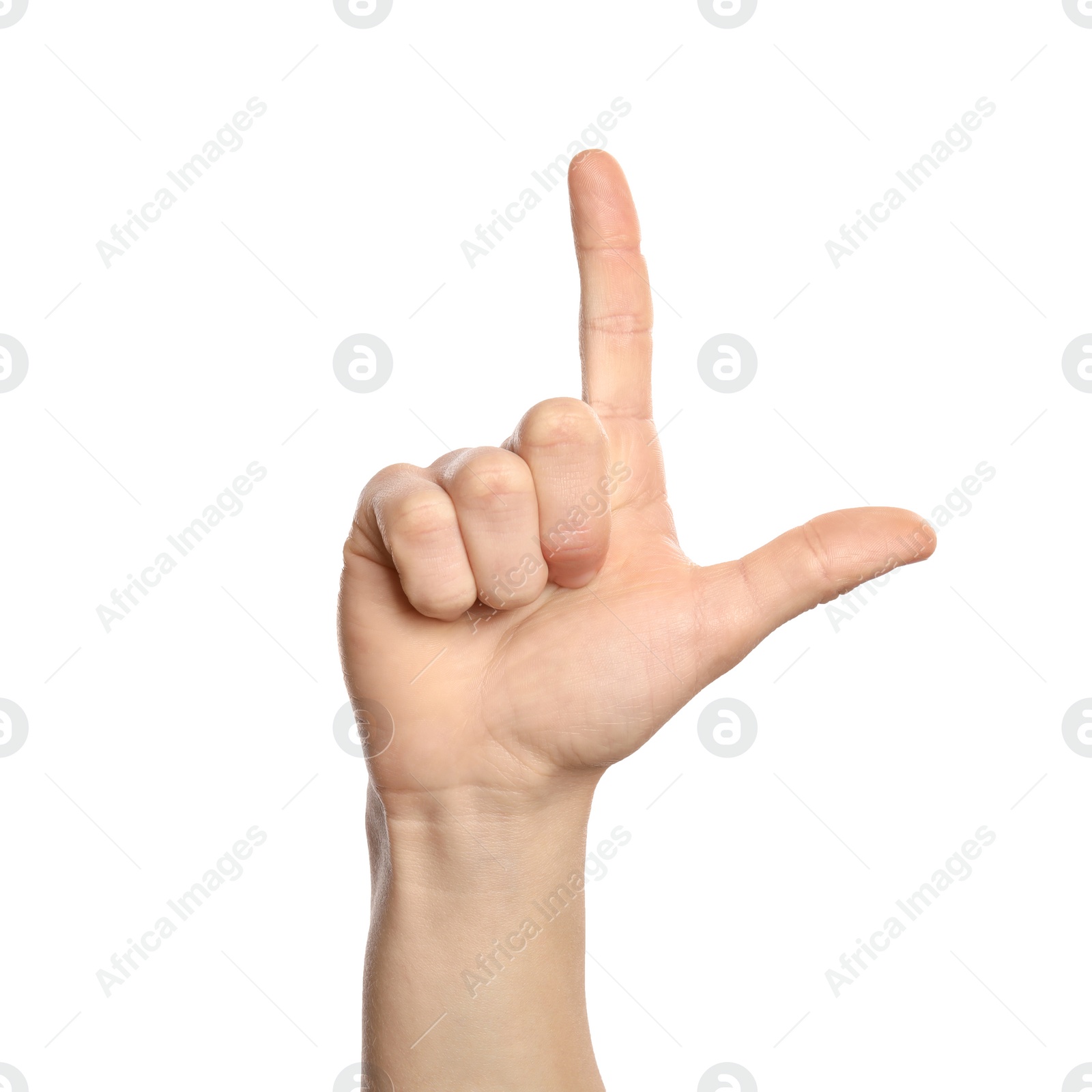 Photo of Man showing L letter on white background, closeup. Sign language