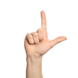 Photo of Man showing L letter on white background, closeup. Sign language