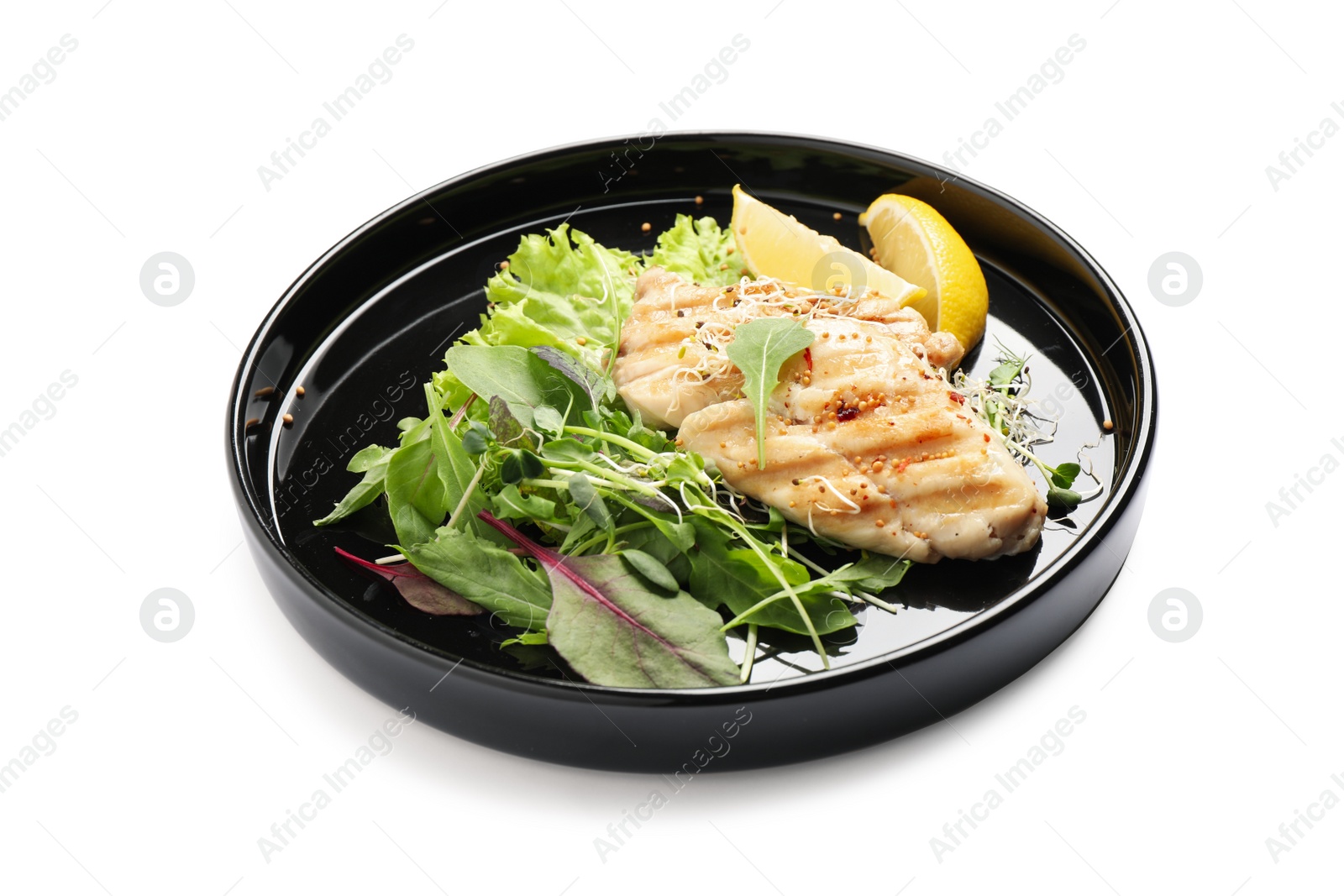 Photo of Plate with tasty grilled fish isolated on white