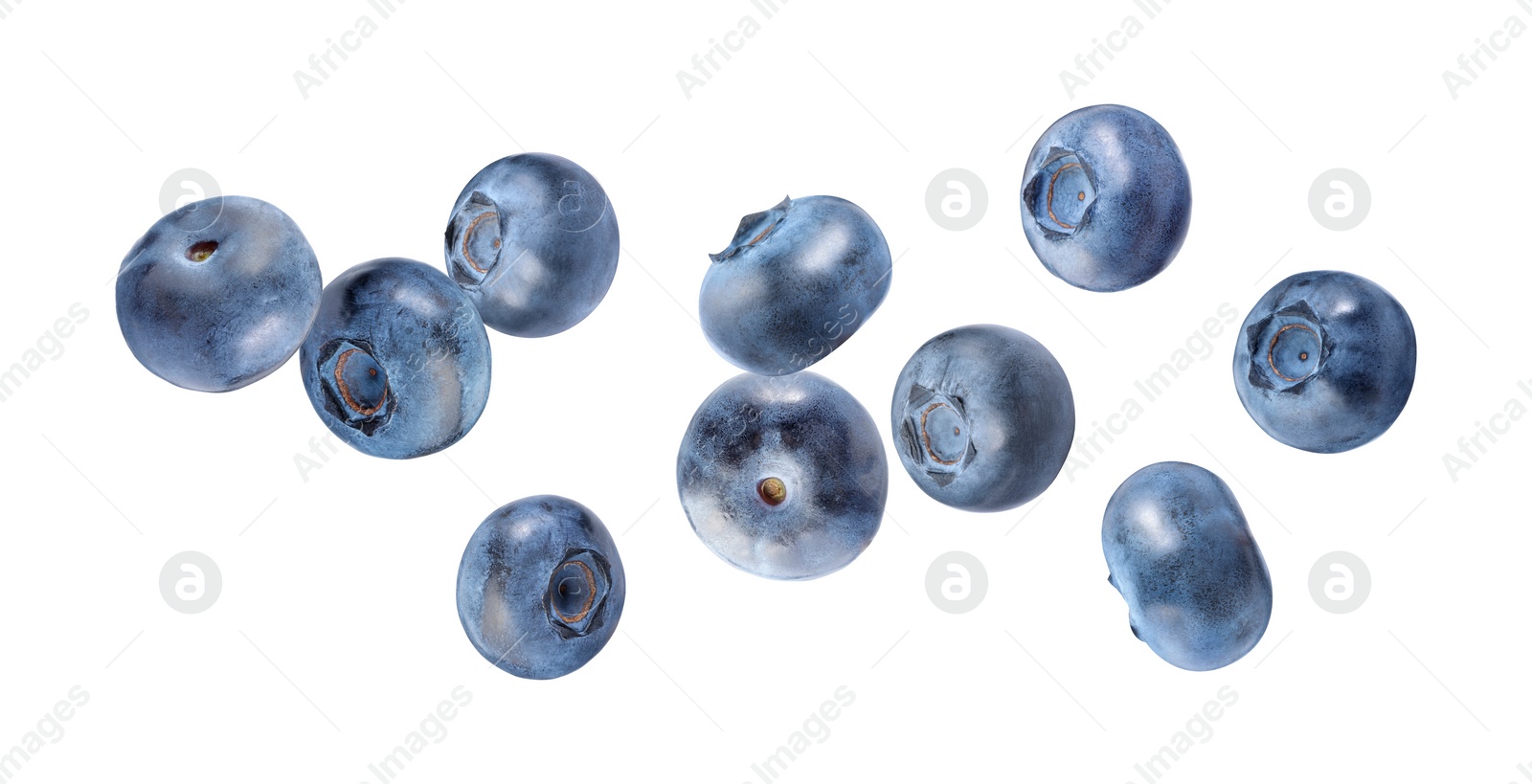 Image of Fresh ripe bilberries flying on white background