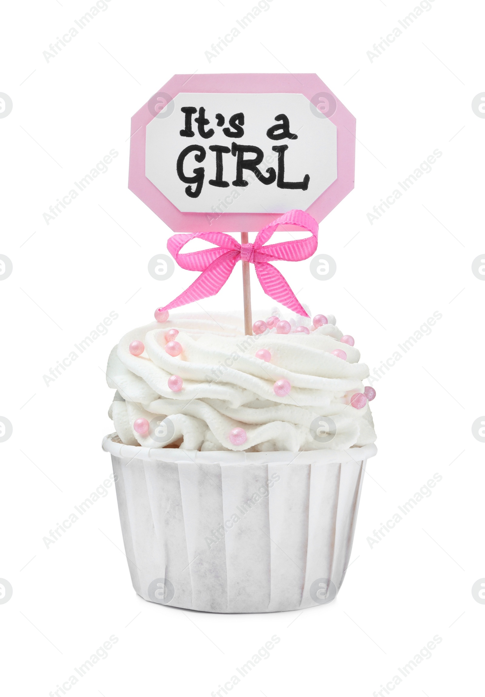 Photo of Beautifully decorated baby shower cupcake for girl with cream and pink topper on white background