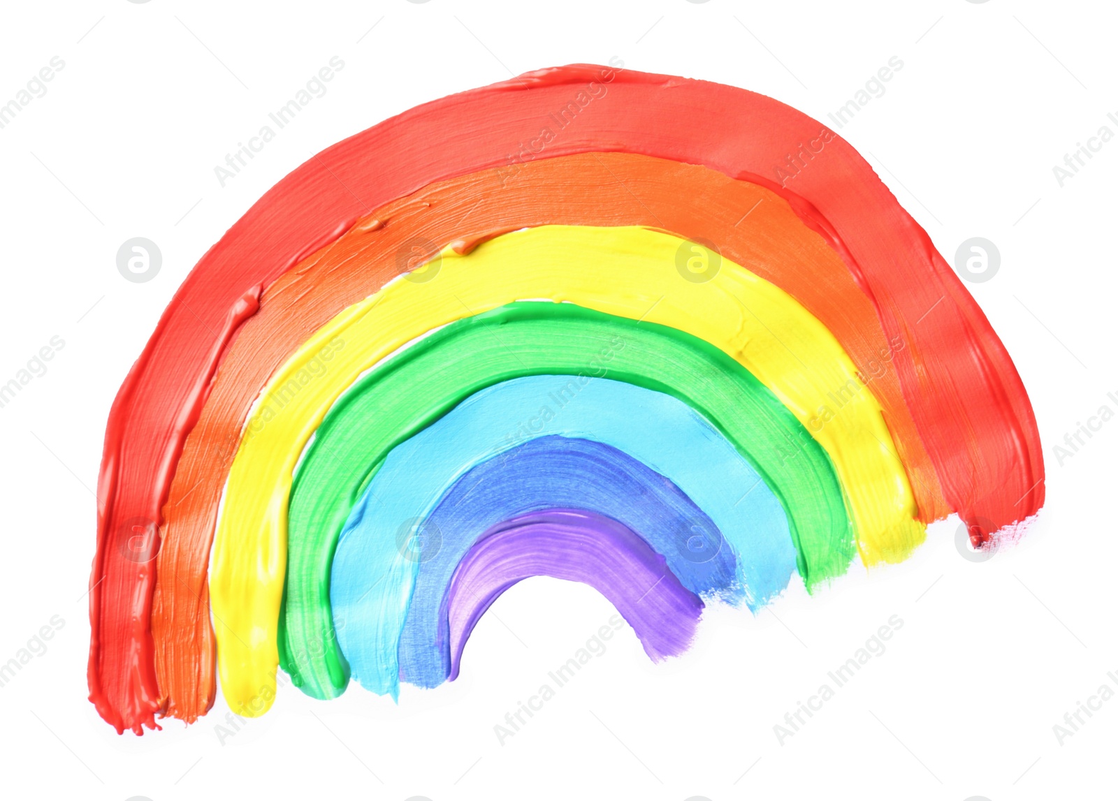 Photo of Rainbow drawn by different paints on white background, top view