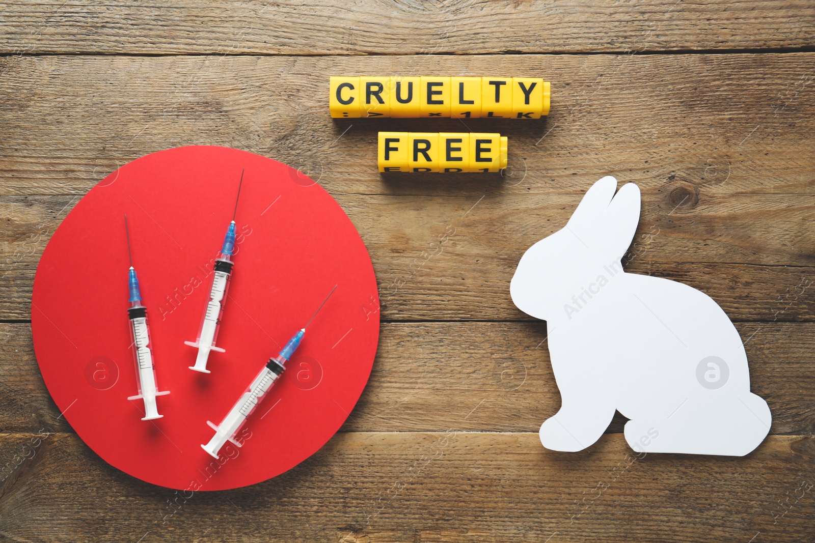 Photo of Cubes with text Cruelty Free, syringes and figure of rabbit on wooden table, flat lay. Stop animal tests