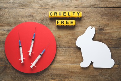 Cubes with text Cruelty Free, syringes and figure of rabbit on wooden table, flat lay. Stop animal tests