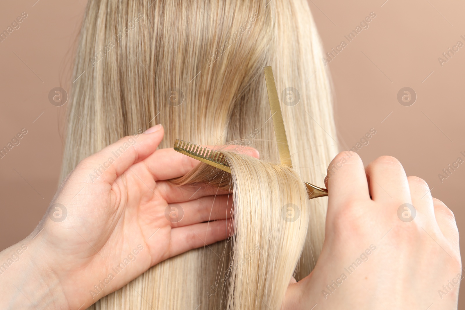 Photo of Hairdresser cutting client's hair with scissors on beige background, closeup