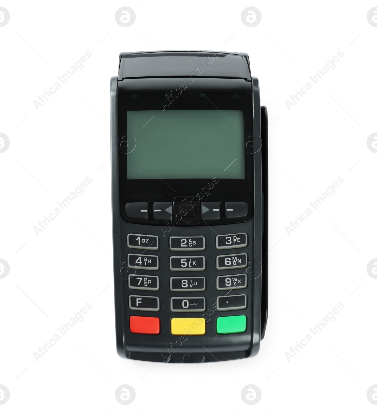 Photo of New modern payment terminal isolated on white, top view