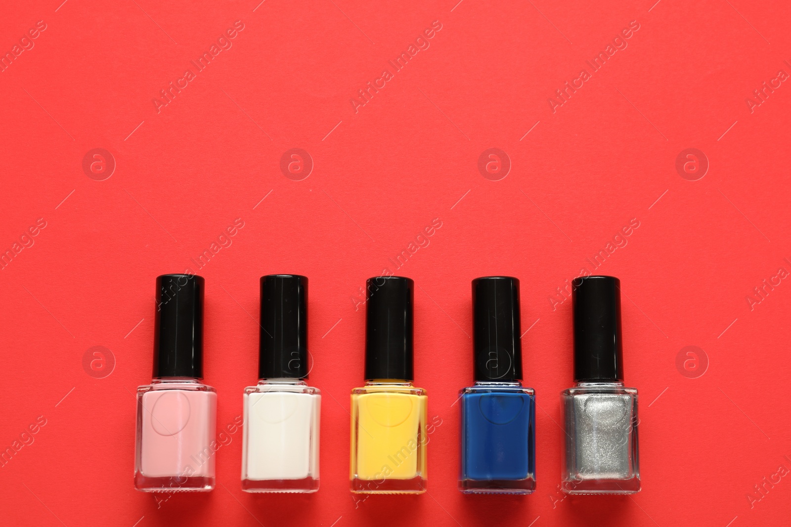 Photo of Bright nail polishes in bottles on red background, flat lay. Space for text