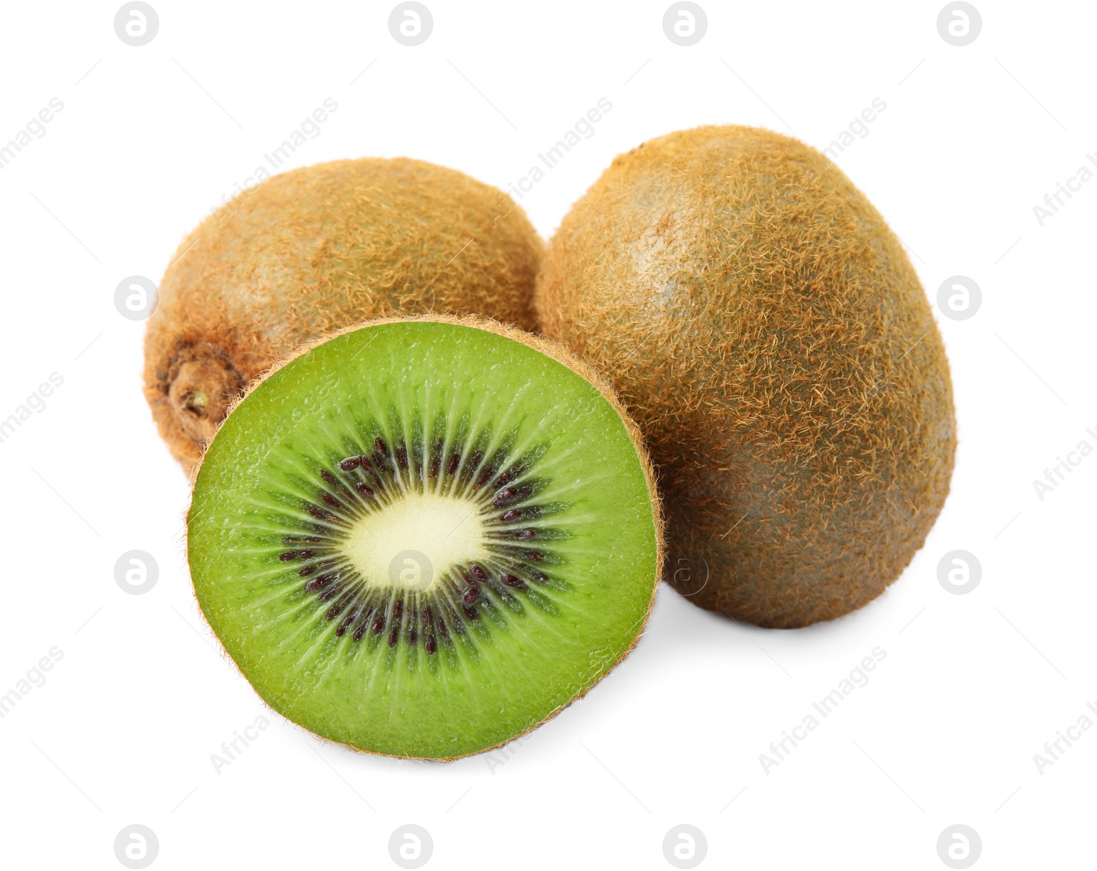 Photo of Cut and whole fresh kiwis on white background