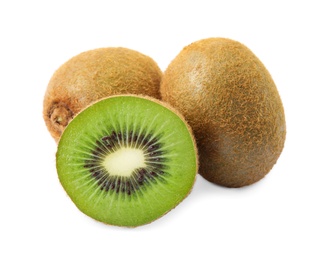 Photo of Cut and whole fresh kiwis on white background