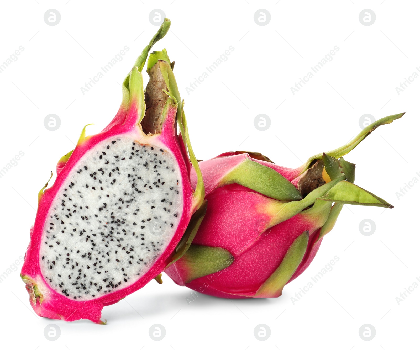 Photo of Delicious cut and whole dragon fruits (pitahaya) on white background