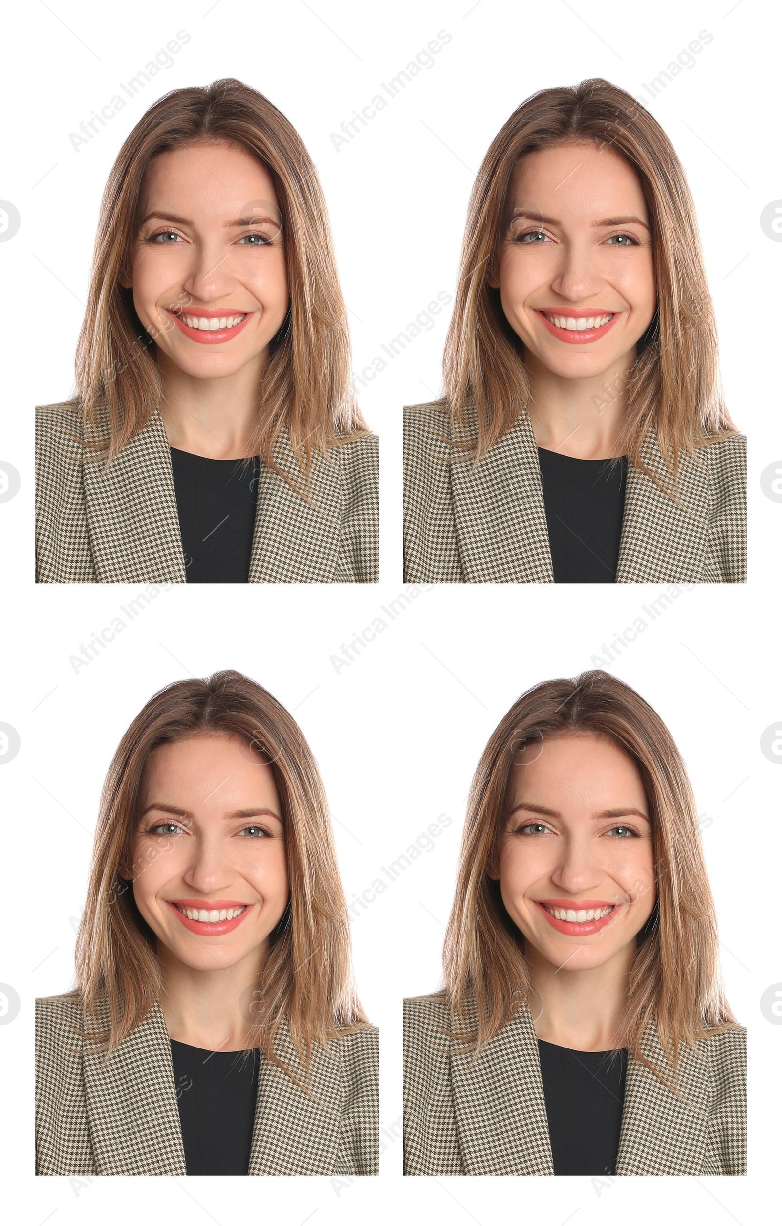 Image of Passport photo, collage. Woman on white background, set of photos