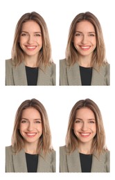 Passport photo, collage. Woman on white background, set of photos