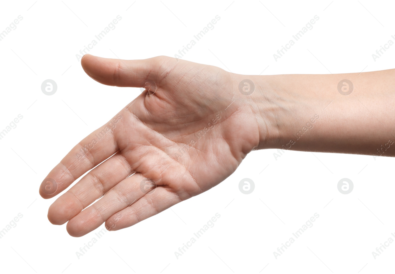 Photo of Woman offering handshake isolated on white, closeup