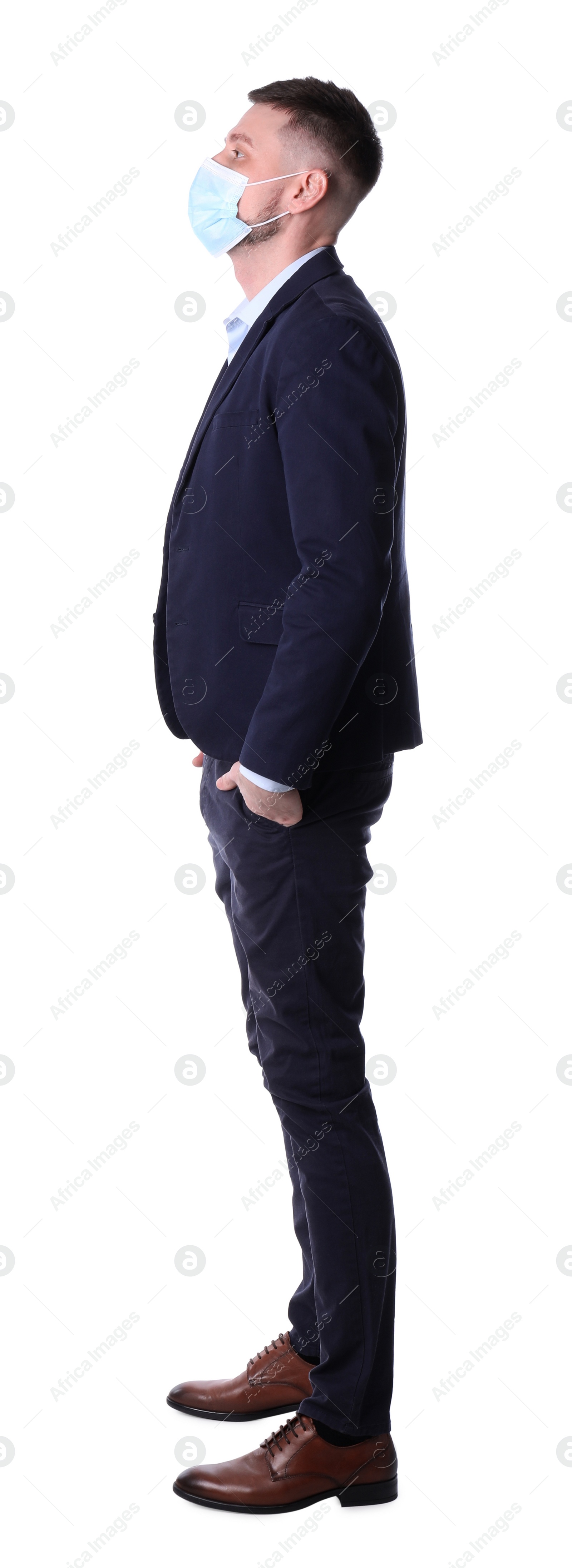 Photo of Man wearing protective mask in queue on white background