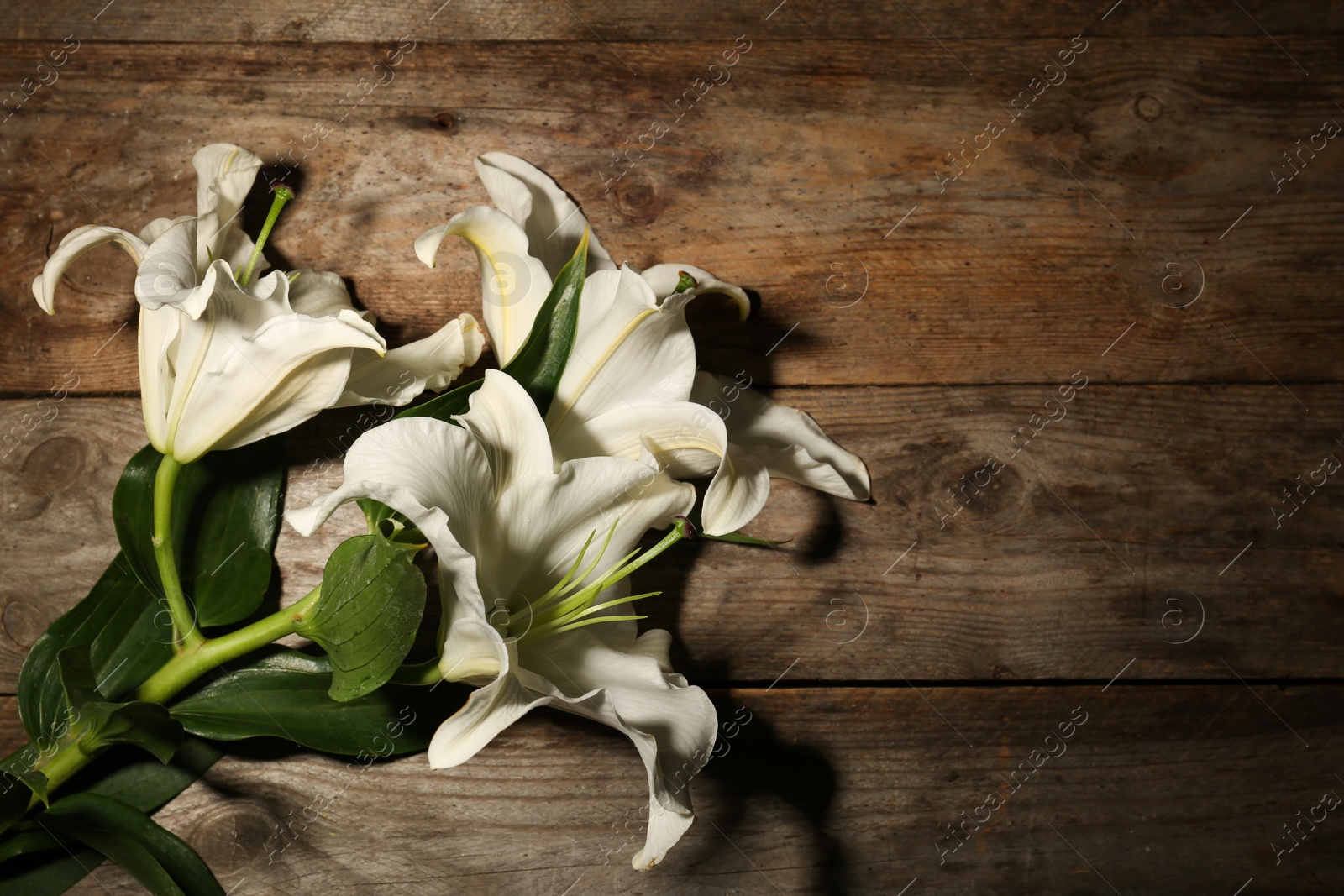 Photo of Beautiful lilies and space for text on wooden background. Funeral flowers
