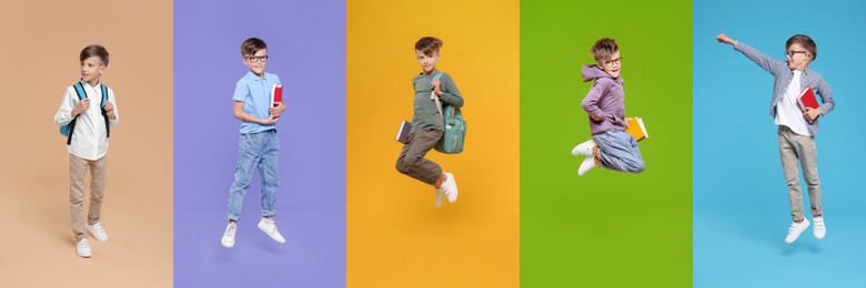 Image of Schoolboy on color backgrounds, set of photos