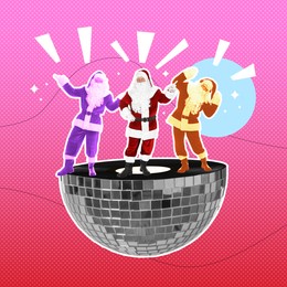 Image of Winter holidays bright artwork. Santa Clauses dancing on halved disco ball against color background, creative collage