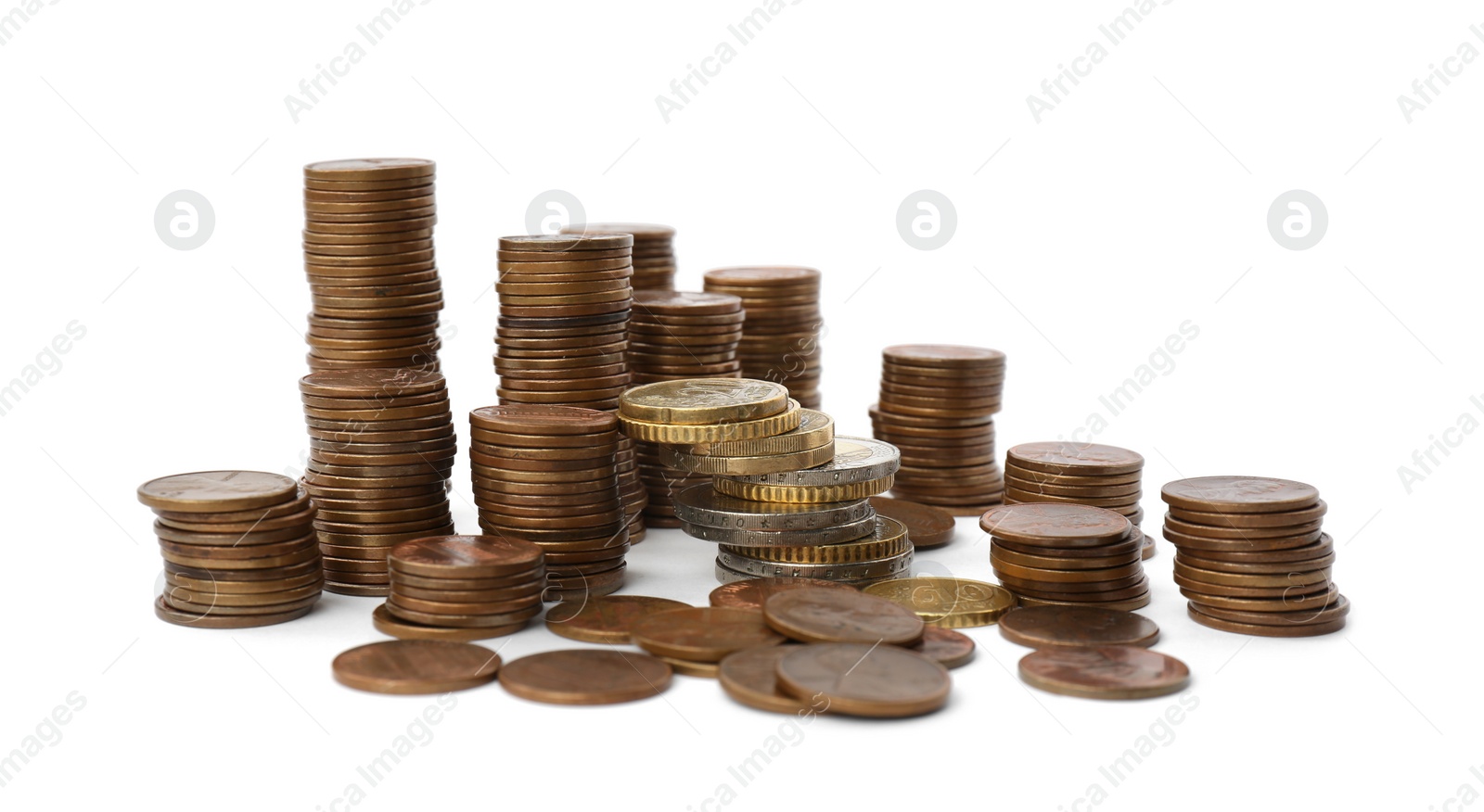 Photo of Many different stacked coins isolated on white