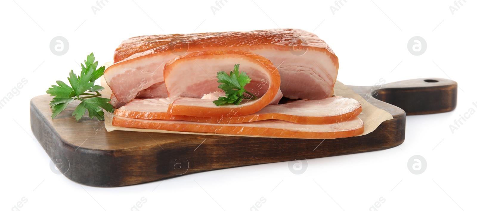 Photo of Delicious smoked bacon with parsley on white background