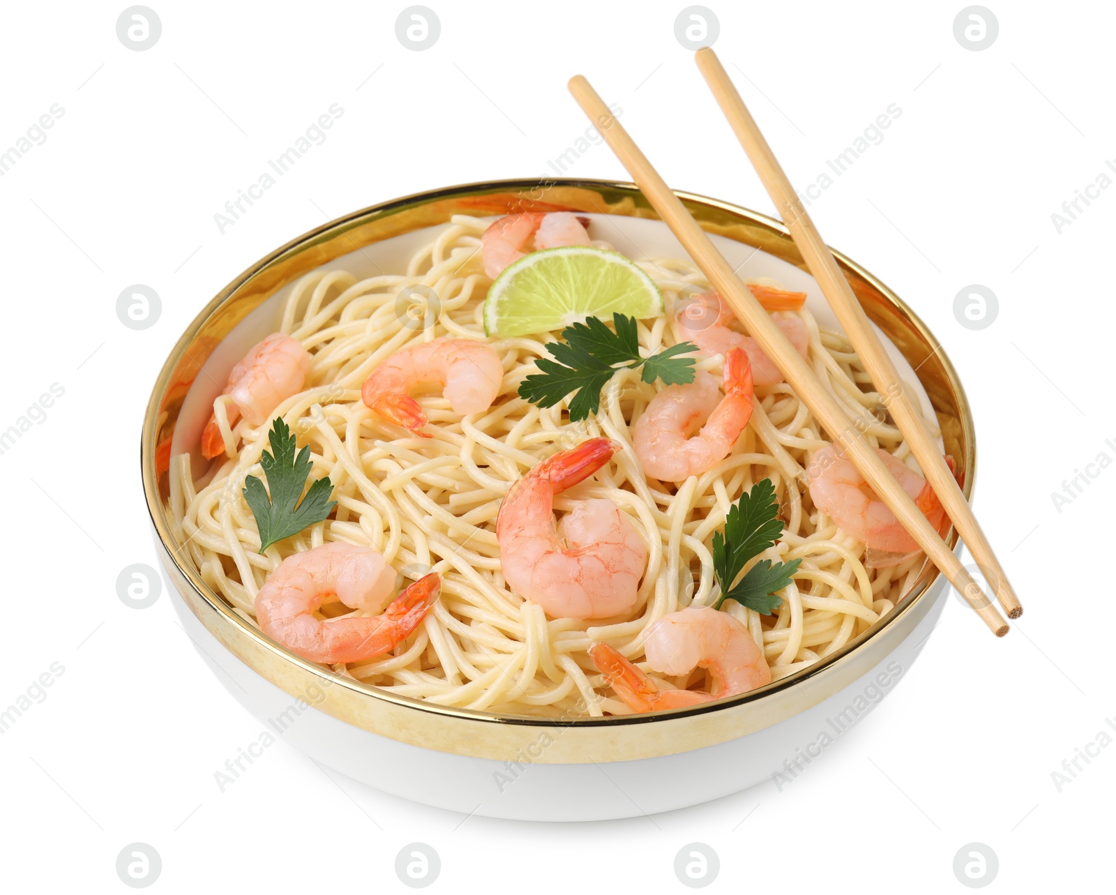 Photo of Tasty spaghetti with shrimps, lime and parsley in bowl isolated on white