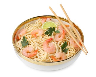 Photo of Tasty spaghetti with shrimps, lime and parsley in bowl isolated on white