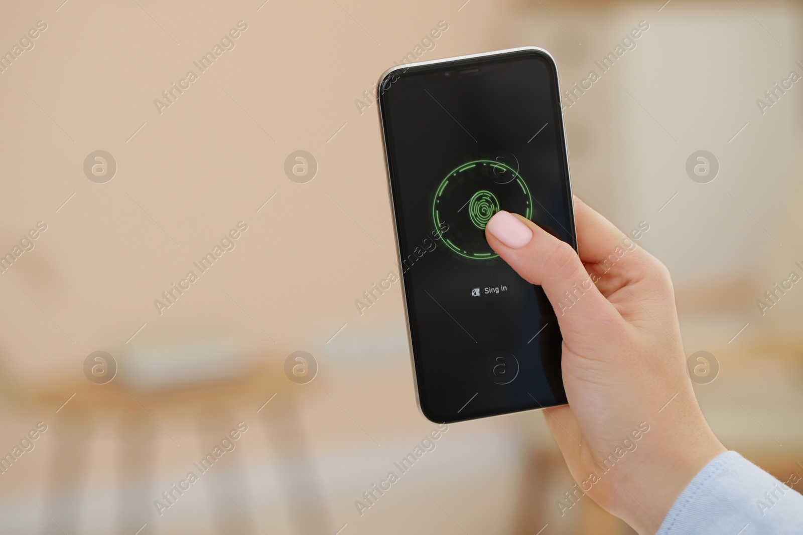 Photo of Woman unlocking smartphone with fingerprint scanner indoors, closeup. Space for text