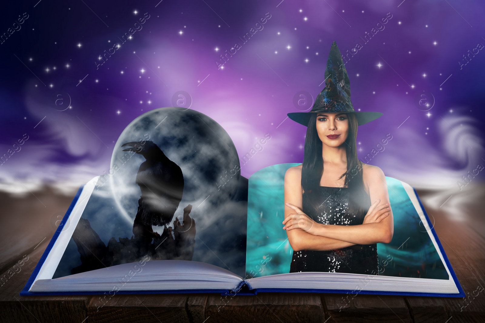 Image of Fantasy world. Open book of fairytales with witch and black crow on pages