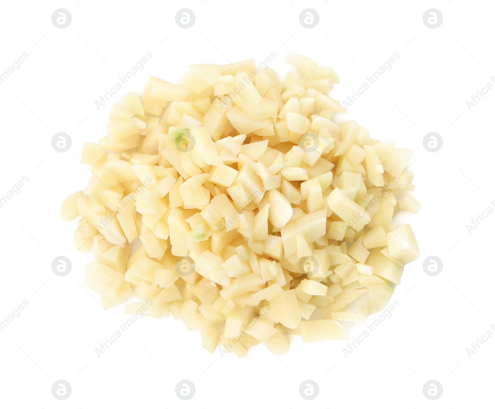 Photo of Pile of fresh chopped garlic isolated on white, top view. Organic food