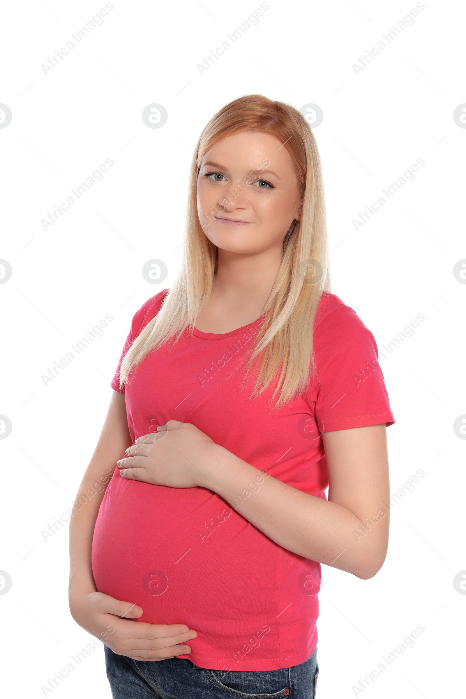 Photo of Young beautiful pregnant woman on white background