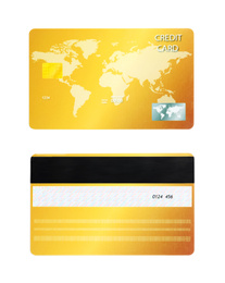 Image of Modern credit card on white background, front and back view