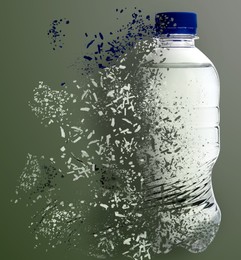 Image of Bottle of water vanishing on color background. Decomposition of plastic pollution