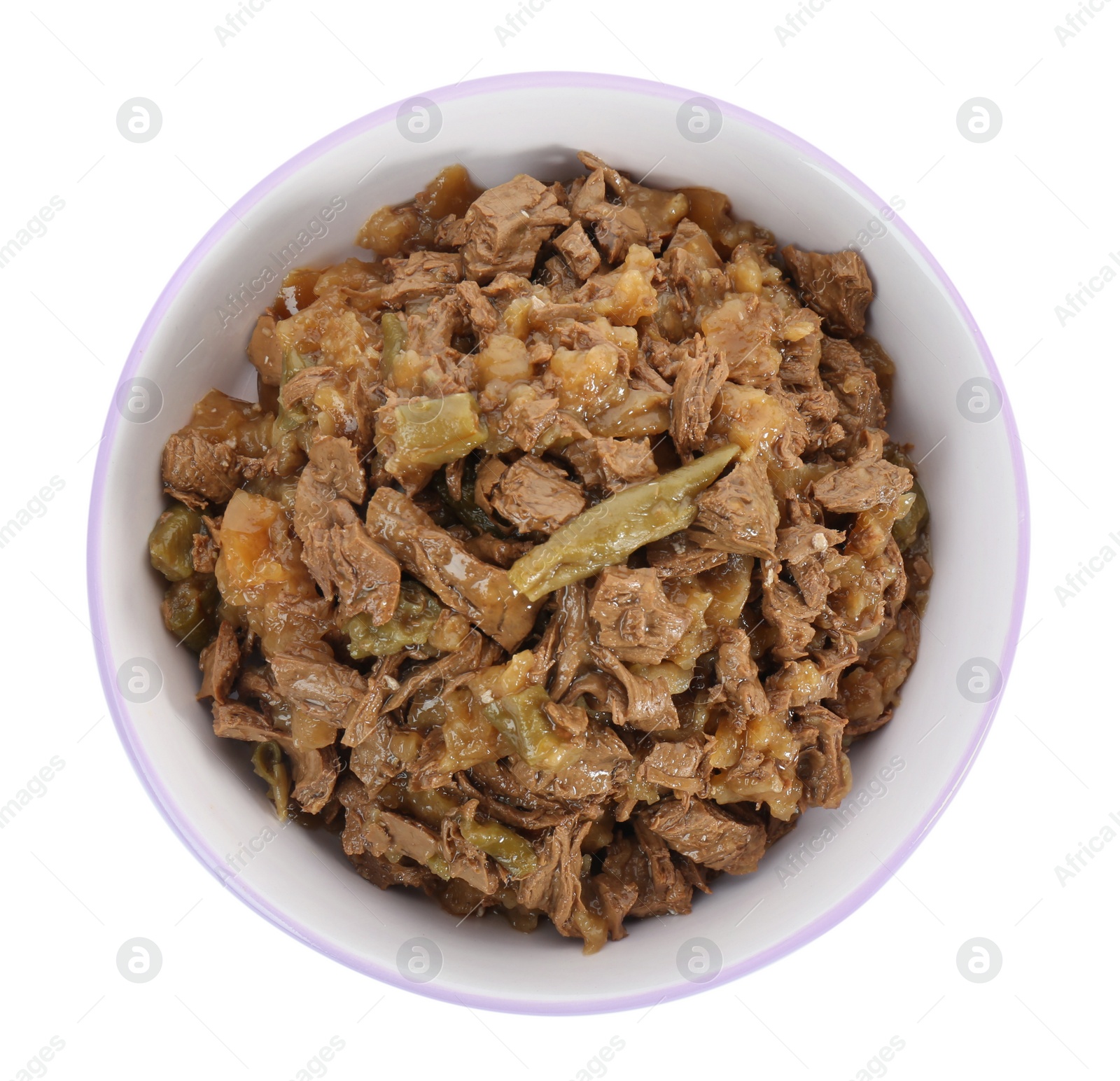 Photo of Wet pet food in feeding bowl isolated on white, top view