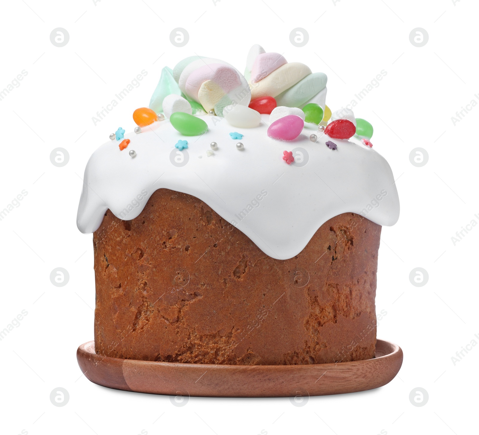 Photo of Traditional Easter cake decorated with sprinkles, jelly beans and marshmallows isolated on white