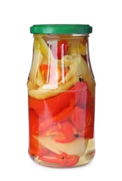 Photo of Glass jar with pickled bell peppers isolated on white