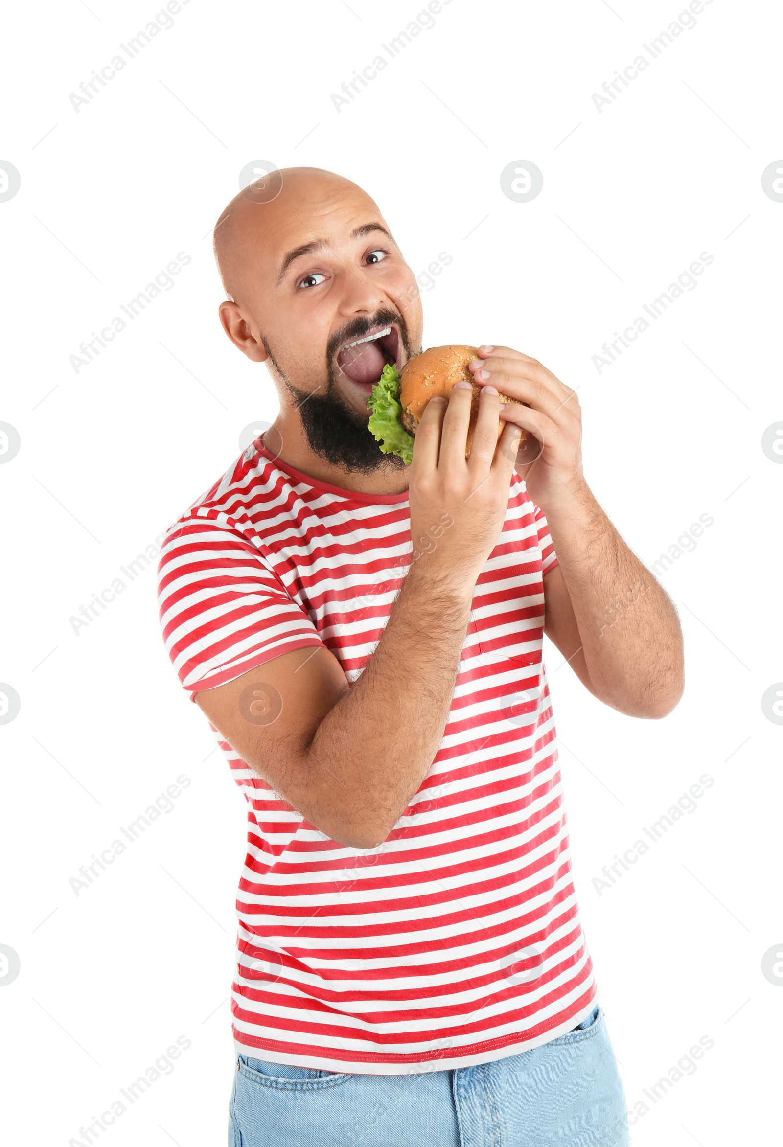 Photo of Overweight man with hamburger on white background
