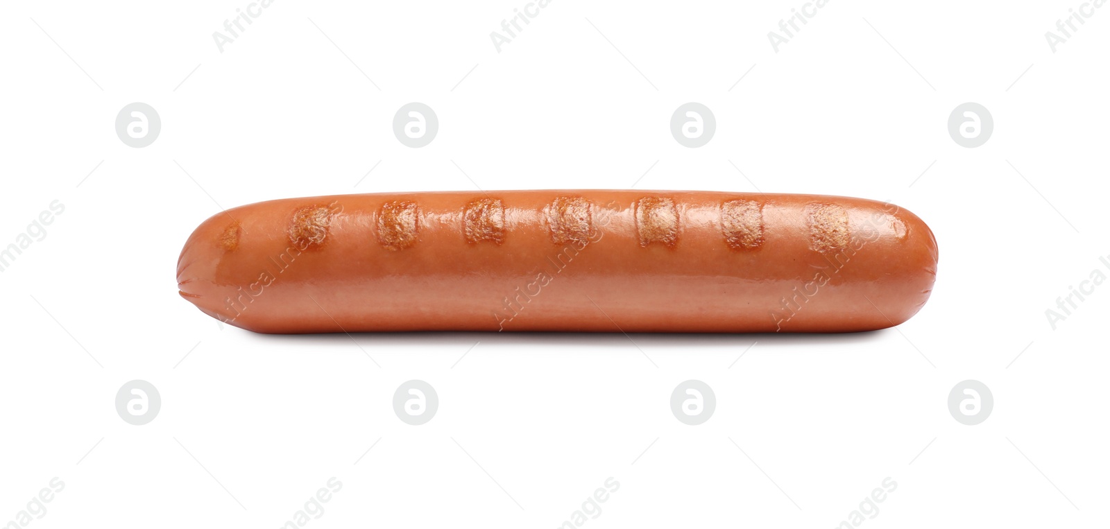 Photo of Tasty grilled sausage on white background. Ingredient for hot dog