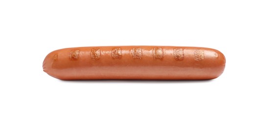 Photo of Tasty grilled sausage on white background. Ingredient for hot dog
