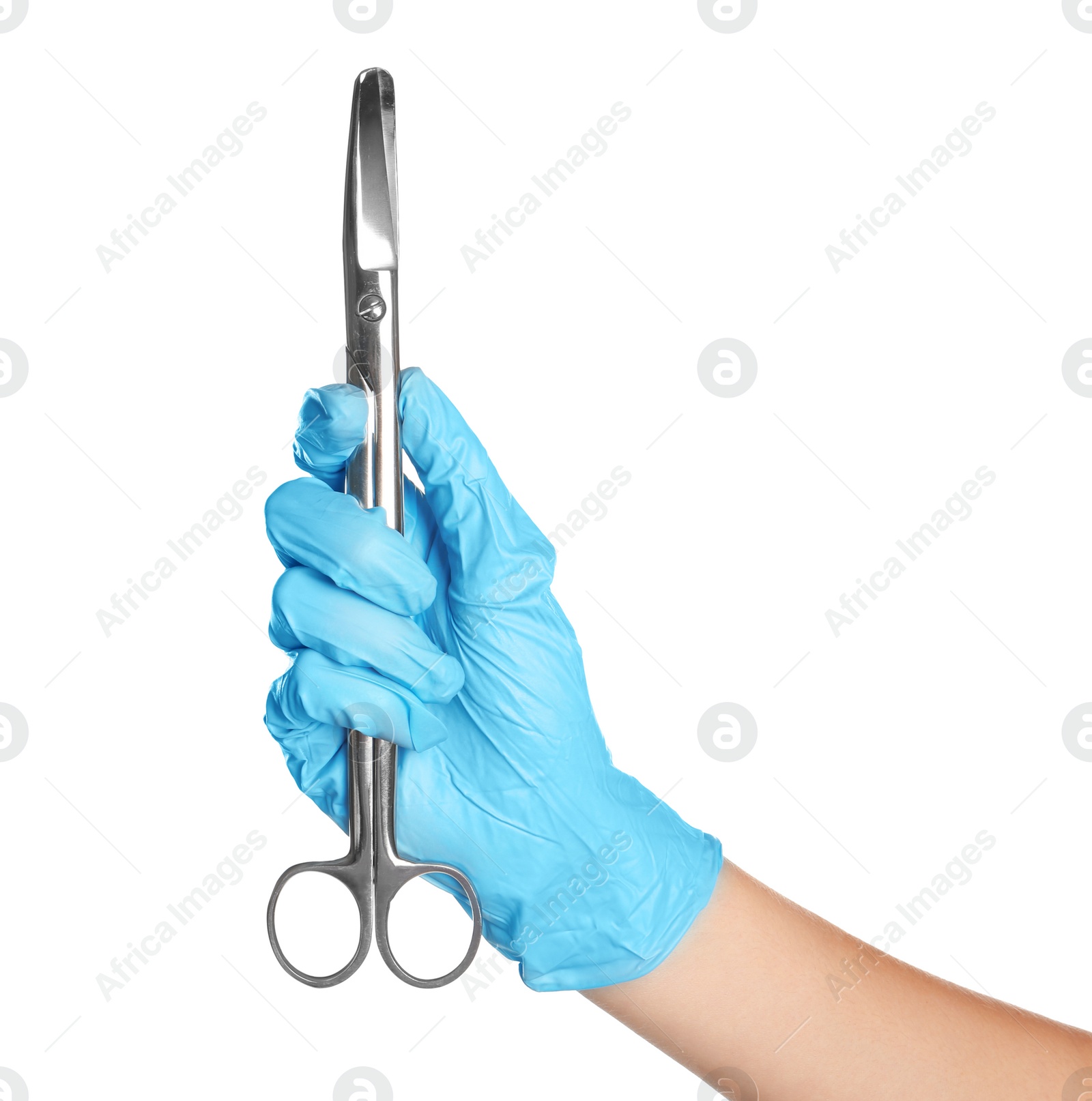 Photo of Doctor in medical glove holding surgical scissors on white background